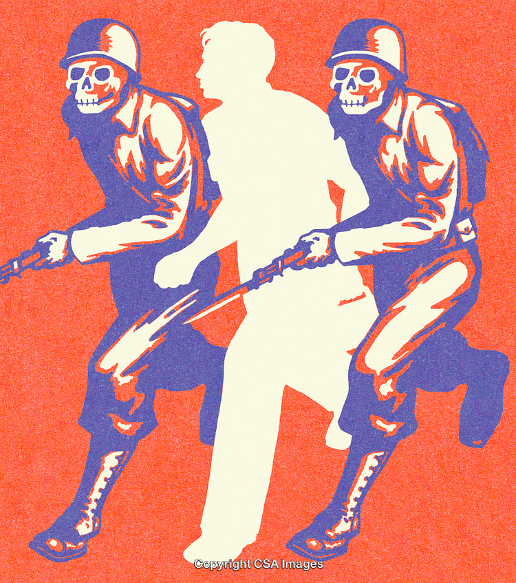 Vintage Illustration Featuring Surreal Skeleton Soldiers and Human Silhouette