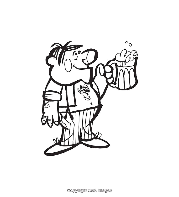Humorous Black and White Line Art of a Character Enjoying Beer
