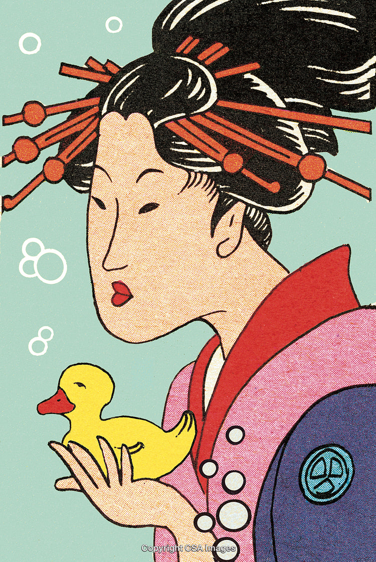 Traditional Japanese Art Style Featuring Woman Holding a Rubber Duck
