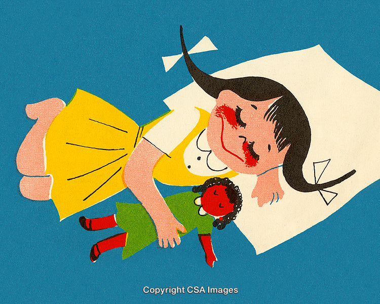 Illustration of a Young Girl Sleeping with Her Doll in Vibrant Colors