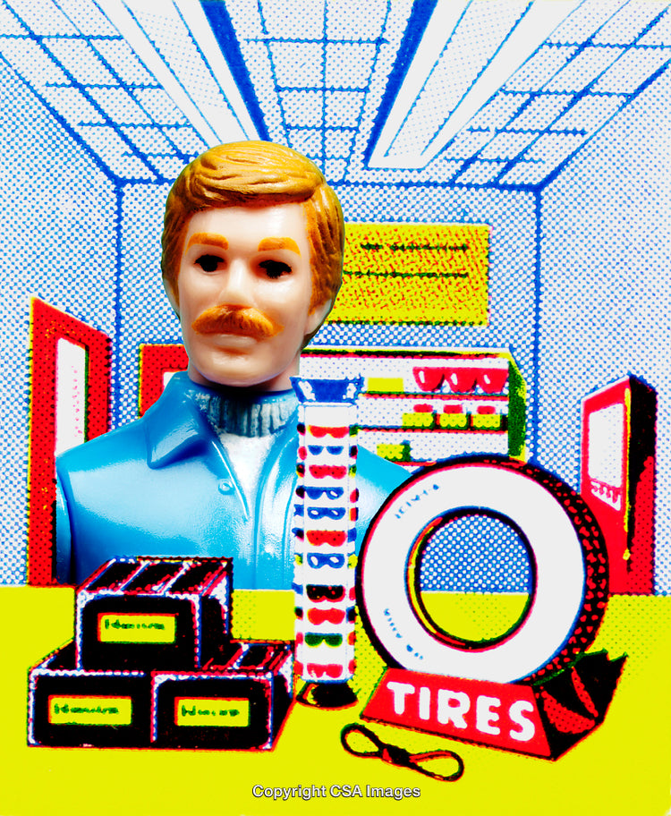Colorful Retro Toy Store Display With Action Figure as Shopkeeper