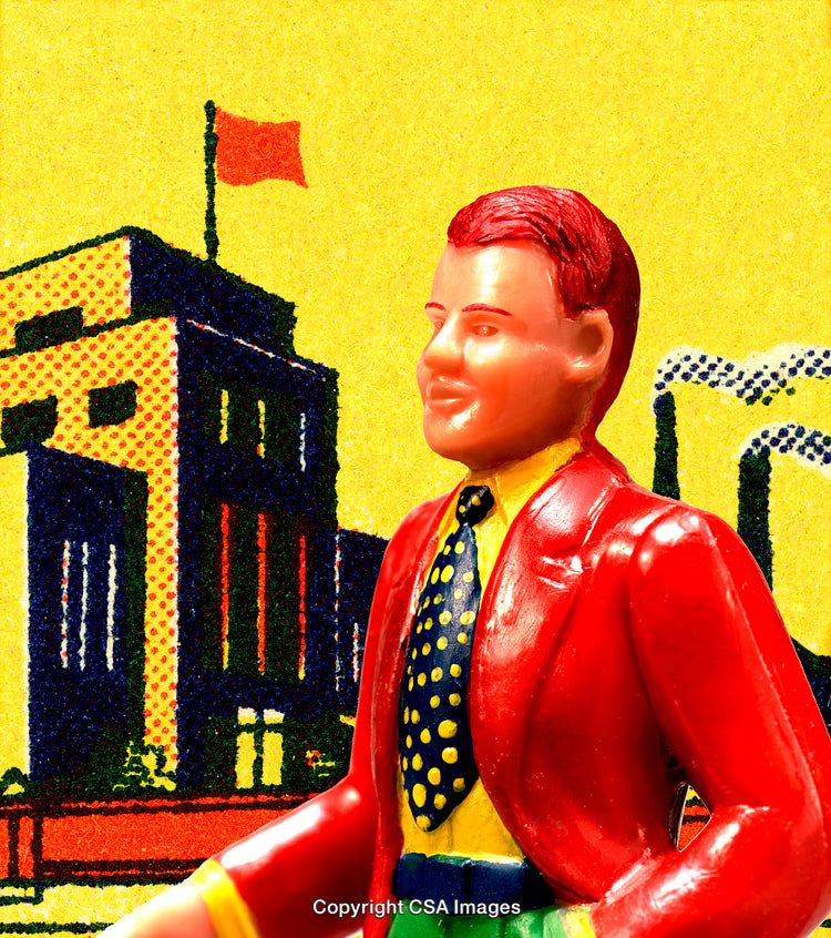 Colorful Plastic Toy Figure Against a Vibrant Retro-Illustrated Background