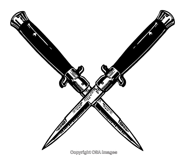 Intricate Black and White Engraving of Two Crossed Stiletto Knives