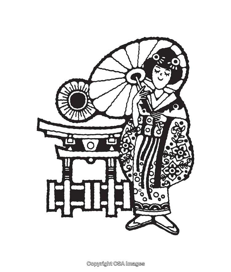 Traditional Japanese Line Art Illustration of Woman and Monument