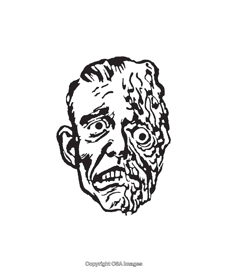 Black and White Line Art of a Distressed Grotesque Face Design