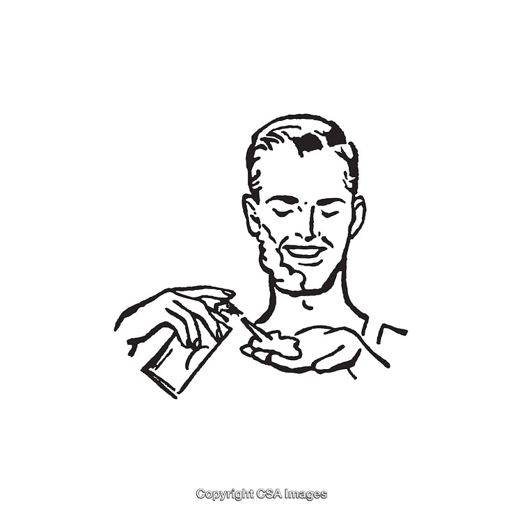 Black and White Line Art of Man Using Skincare Product
