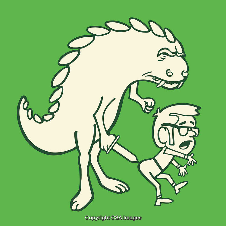 Humorous Cartoon of Dinosaur Playfully Threatening a Nervous Character
