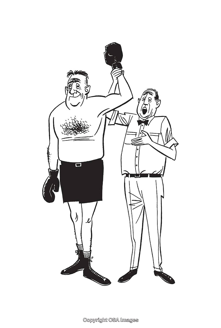 Cartoon Illustration of a Boxing Winner Celebrating with the Referee