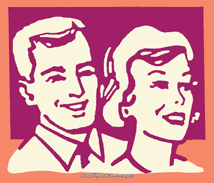 Retro Style Two-Person Color Line Art Illustration with Smiling Faces