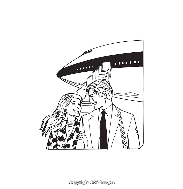 Stylish Couple Smiling Near Aircraft Boarding Steps In Line Art Illustration