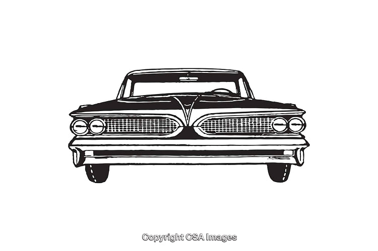 Classic Retro Vintage Car Front Illustration in Black and White Line Art
