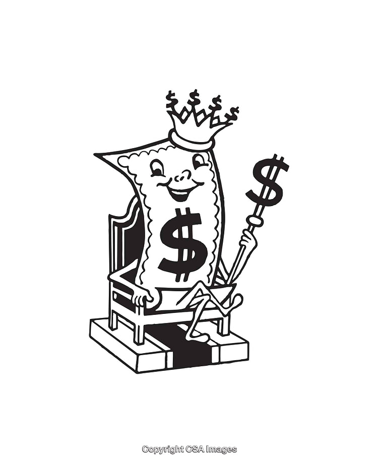 Black And White Cartoonish Illustration of Money Mascot Sitting on a Throne