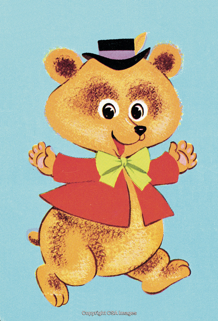 Cheerful Cartoon Bear Wearing a Hat, Red Jacket, and Yellow Bowtie