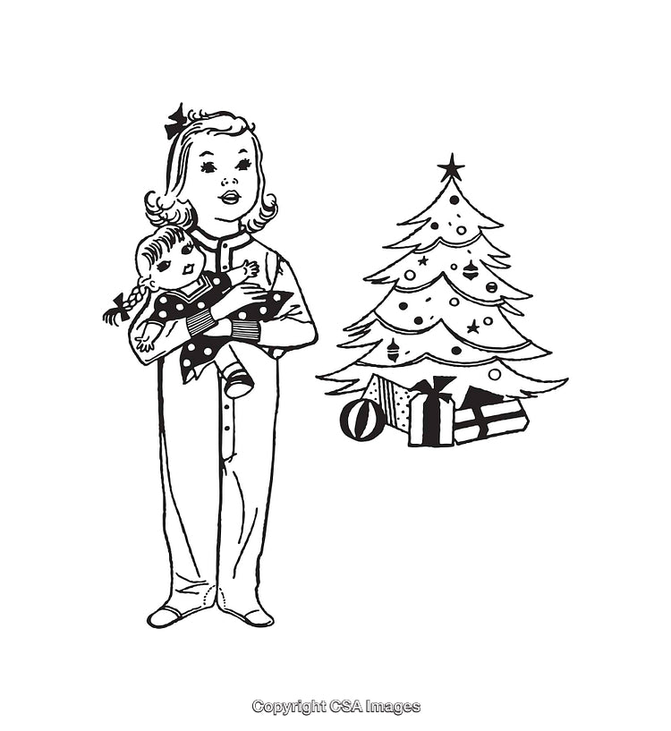 Vintage Christmas Illustration Featuring Child with Doll and Decorated Tree