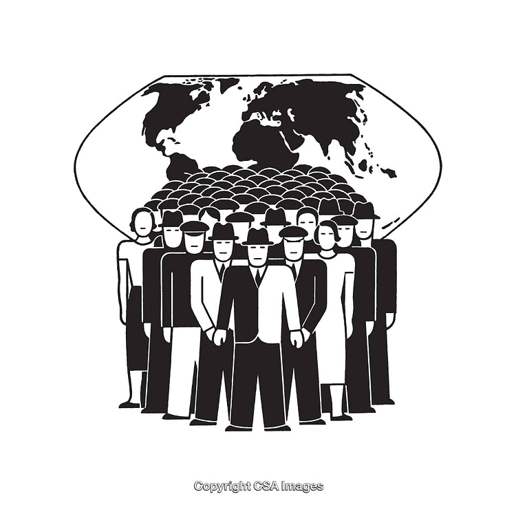 Black and White Illustration of a Group and Global Map