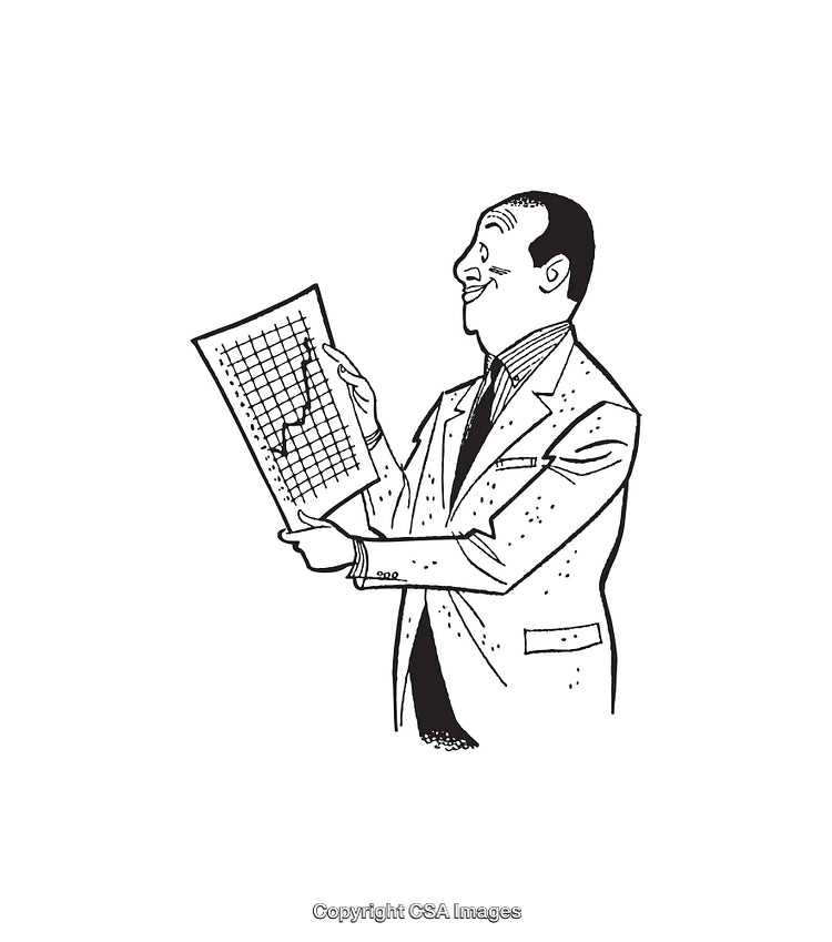 Businessman Studying a Graph Illustration in Black and White Line Art