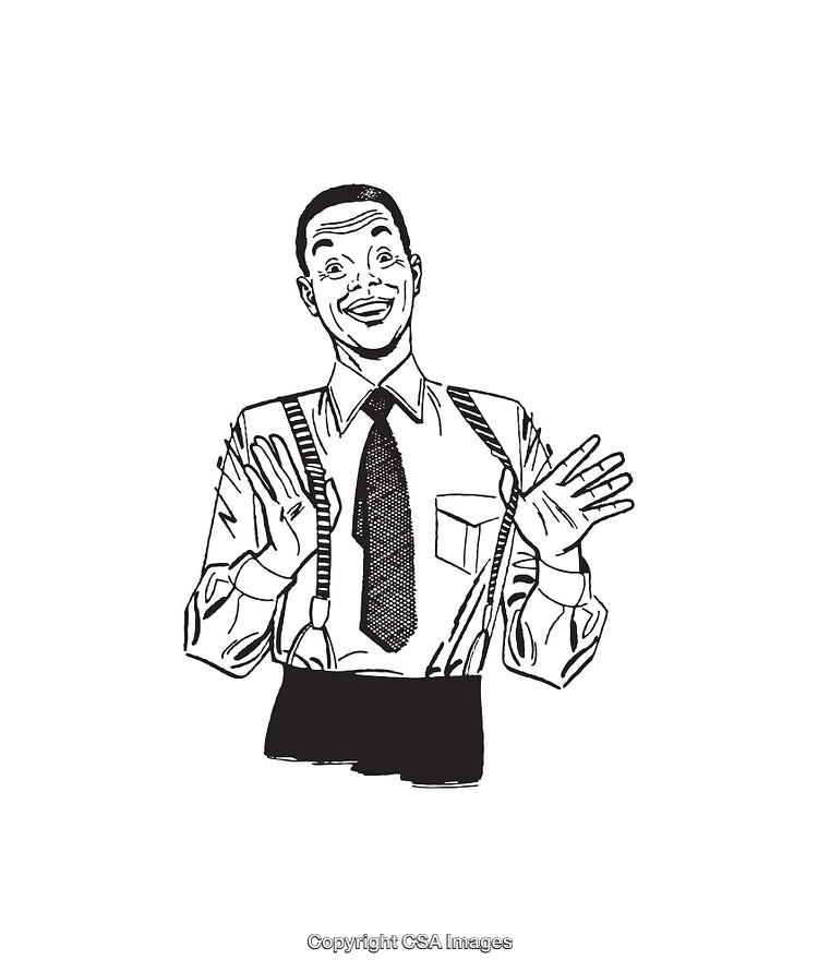 Smiling Businessman Galvanizing Enthusiasm Displayed in Vintage Black and White Illustration