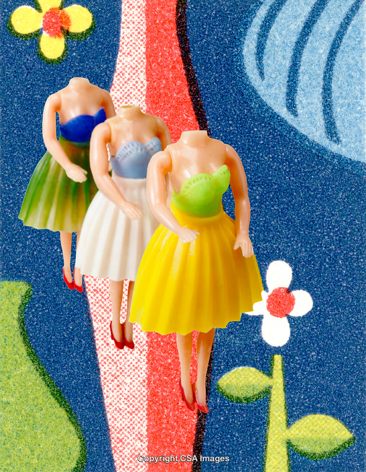 Colorful Abstract Composition Featuring Plastic Toy Figures and Floral Patterns