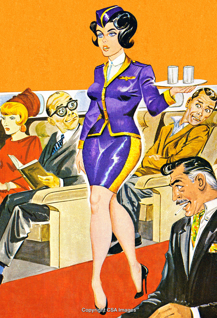 Retro Illustration of Flight Attendant Serving Passengers in an Airplane Cabin