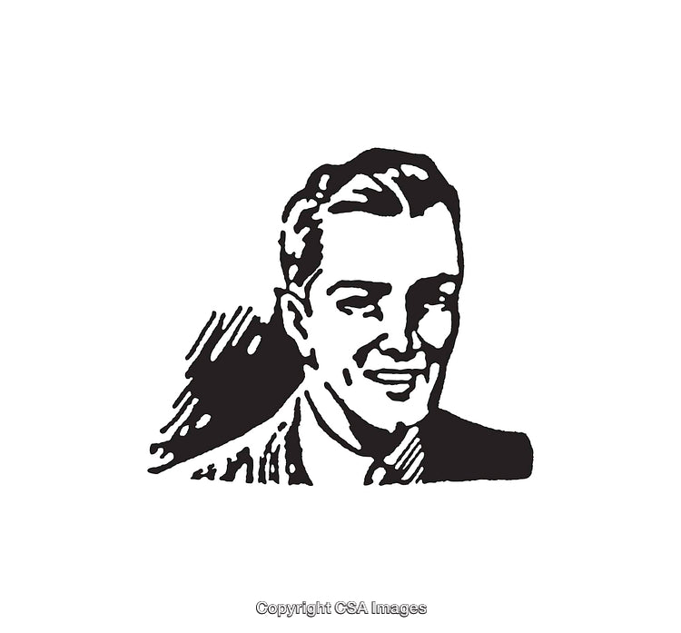 Vintage Black and White Illustration of a Smiling Man in Line Art