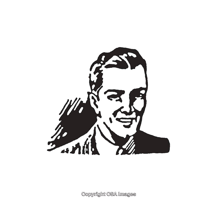 Vintage Black and White Illustration of a Smiling Man in Line Art
