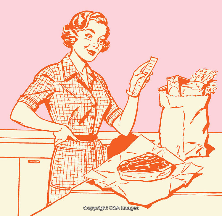 Retro Illustration of a Smiling Woman With Groceries in Line Art Style