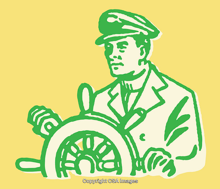 Line Art Illustration of Captain Steering Ship on Yellow Background