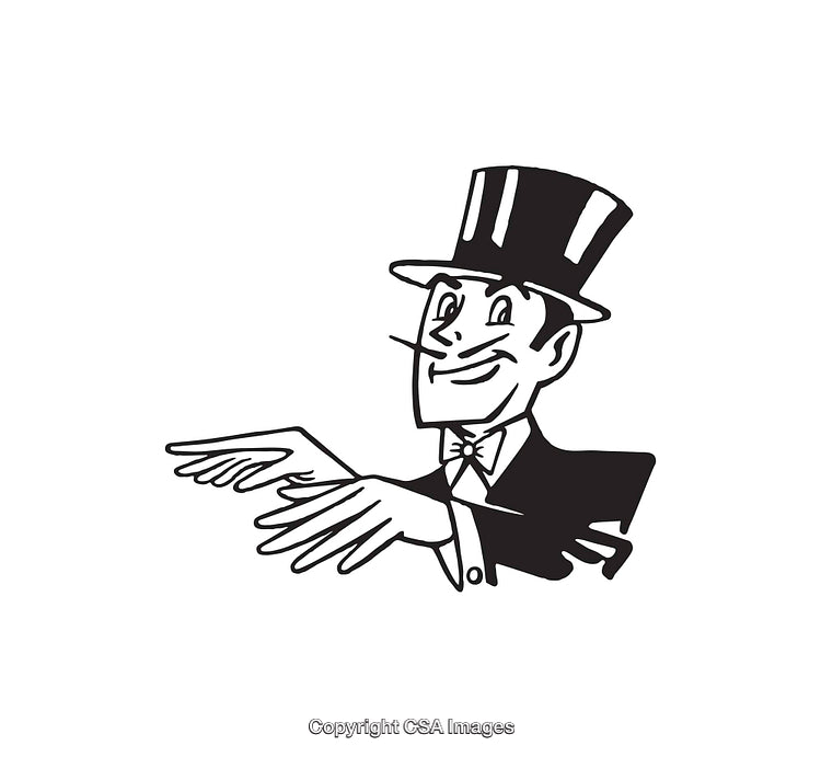 Black and White Illustration of a Character in Top Hat and Suit