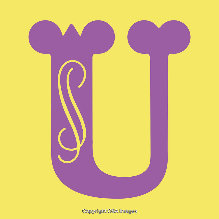 Decorative Letter U in Bold Purple on Yellow Background Design