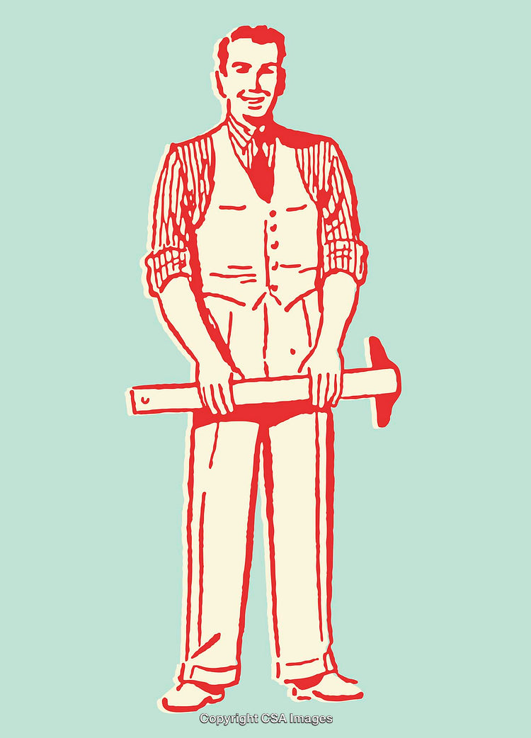 Retro Illustration of a Man Holding a Large Hammer in Line Art Style