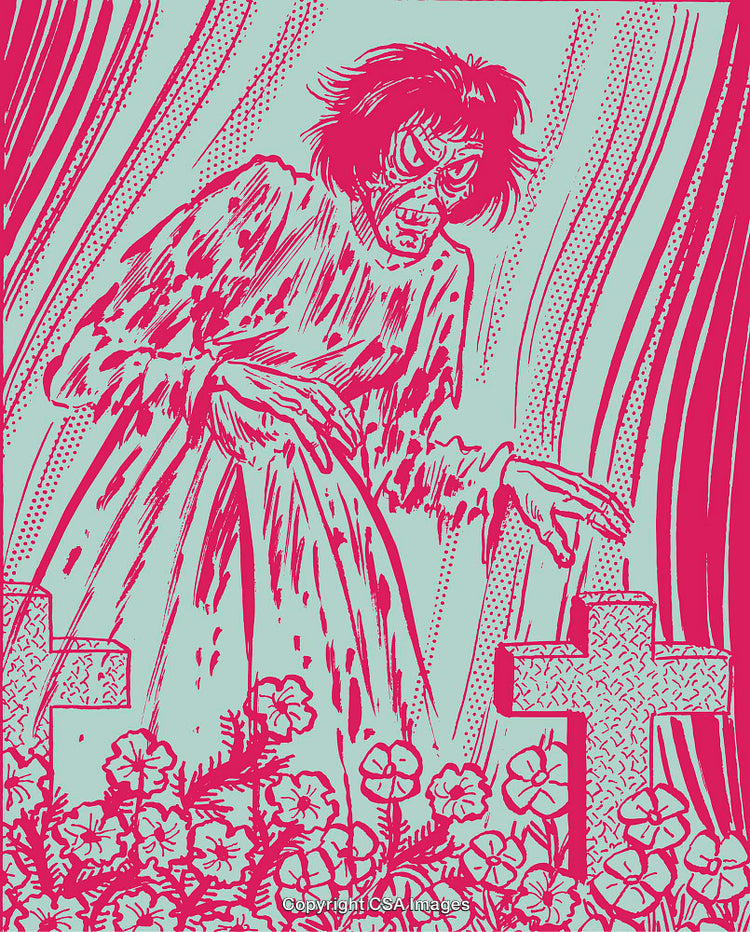 Haunting Illustration of a Ghostly Figure Among Floral Gravestones