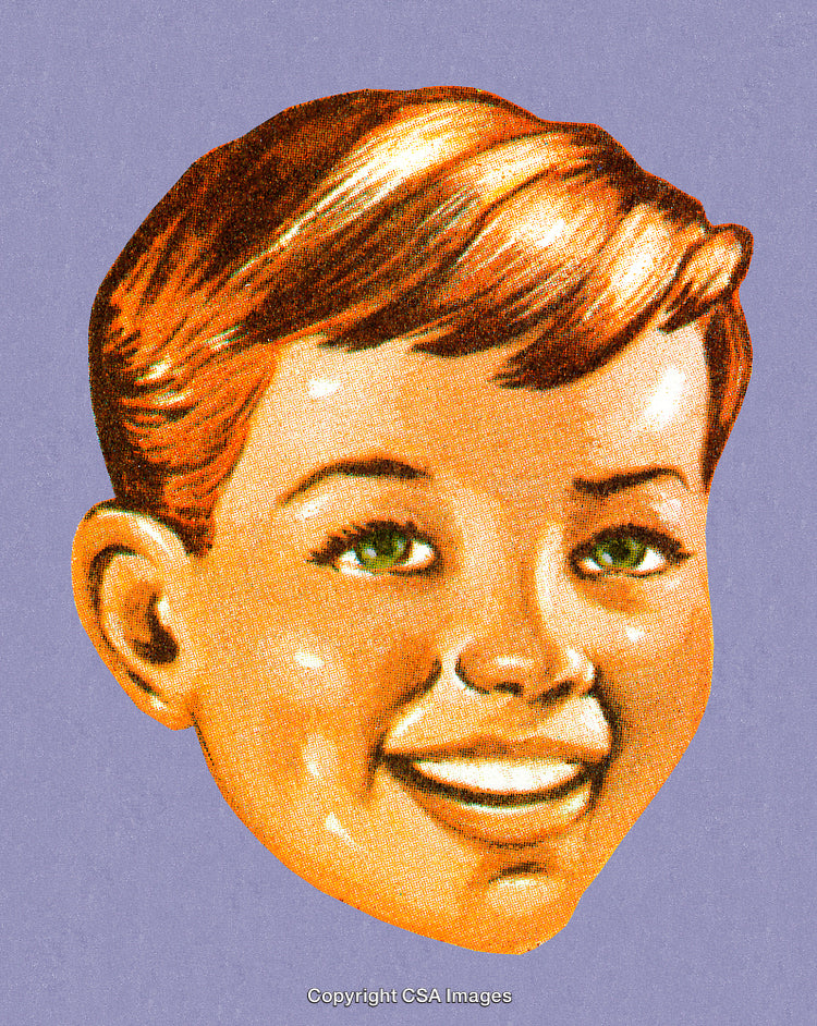 Retro Illustration of Smiling Boy in Vintage Style on Purple Background
