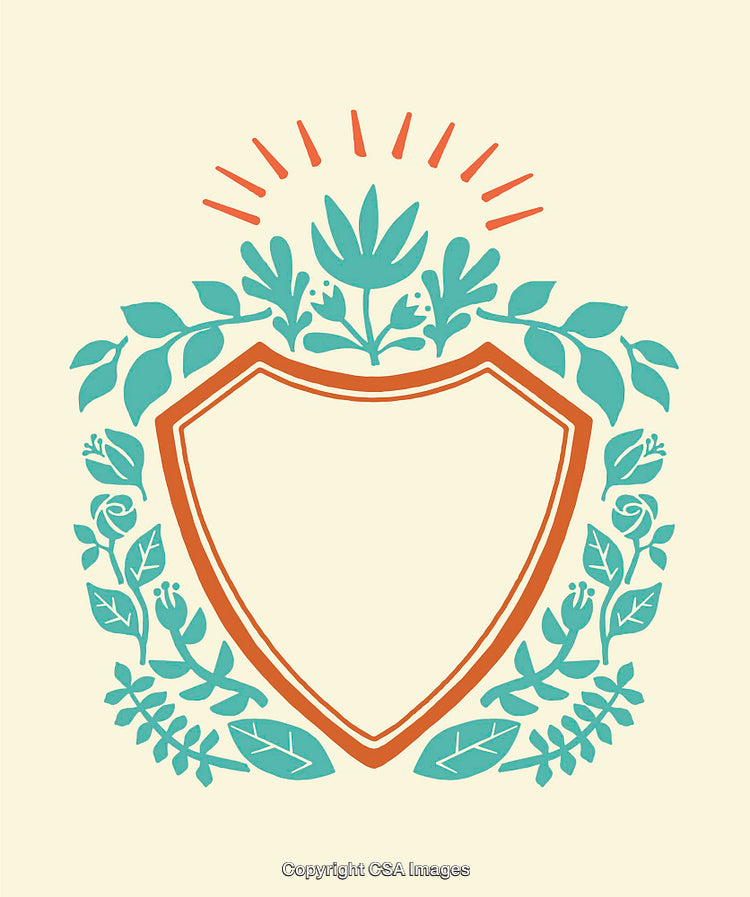 Floral Illustrated Shield Emblem with Leaves and Decorative Motifs