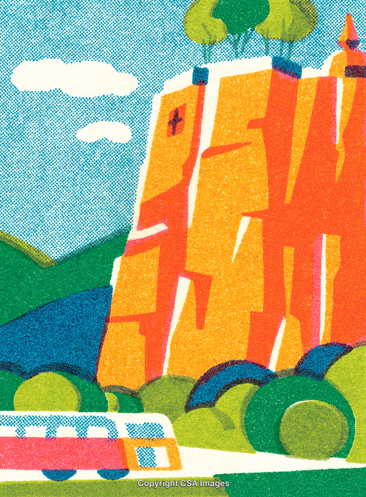 Illustrated Scenic View of a Vibrant Cliff and a Passing Train