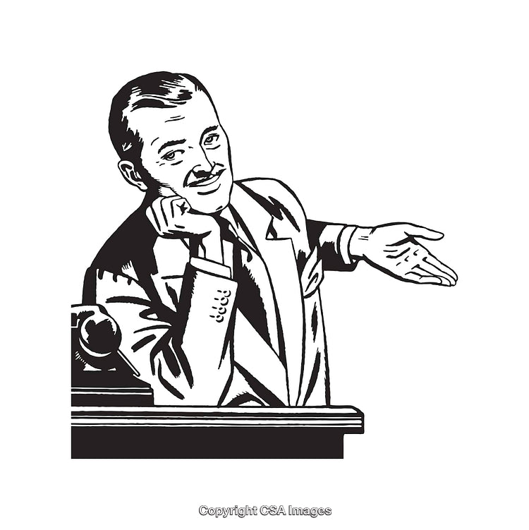 Vintage Black and White Line Art of a Cheerful Businessman