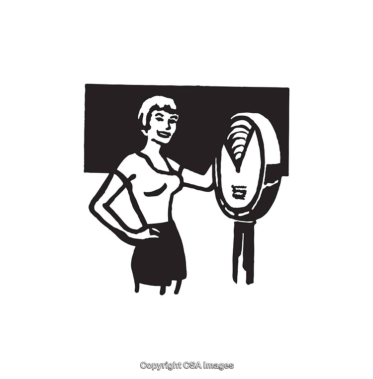 Vintage Line Art Illustration of Woman with Retro Device