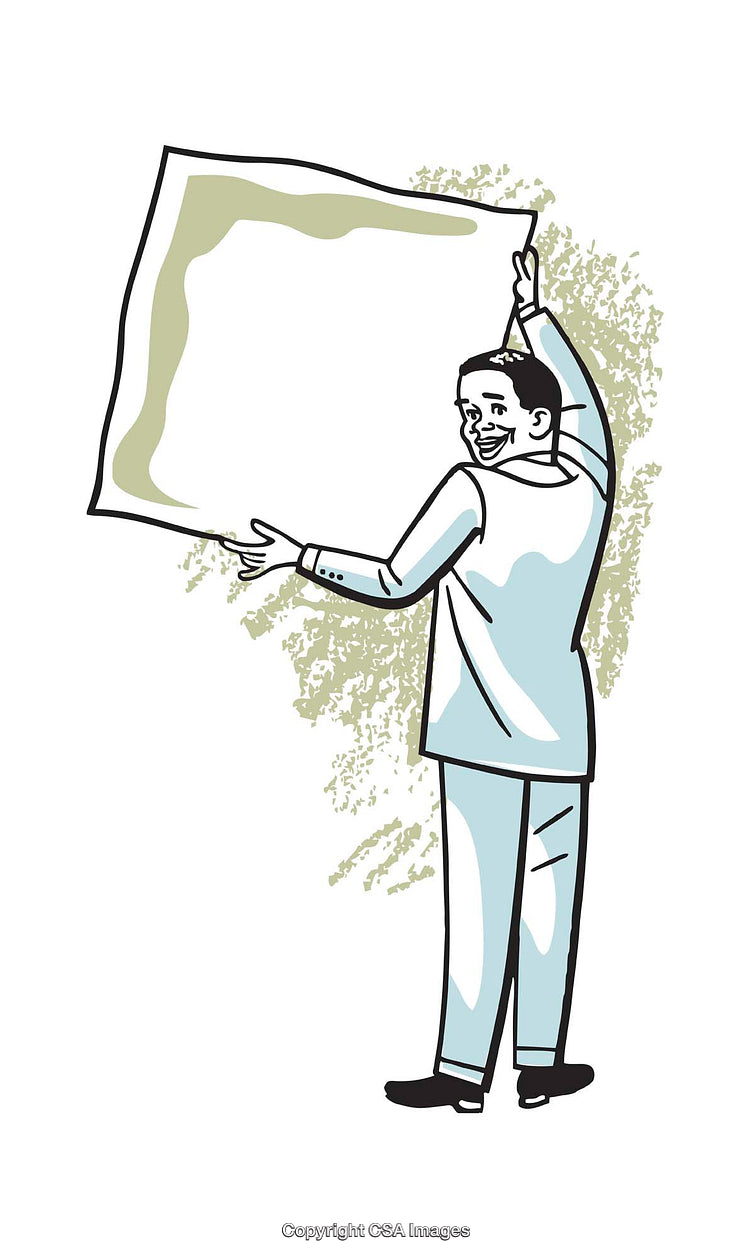 Illustrated Businessman Holding a Blank Poster for Presentation or Advertisement