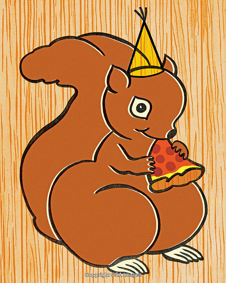 Illustration of a Squirrel Eating Pizza While Wearing a Party Hat