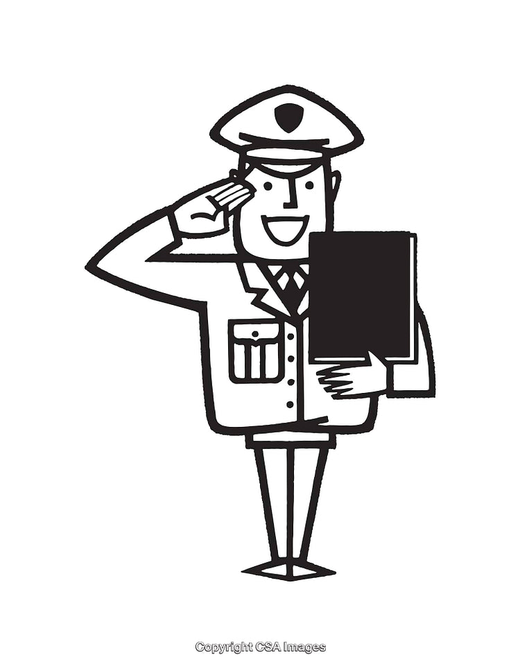 Black-and-White Illustration of Saluting Officer Carrying Document Folder