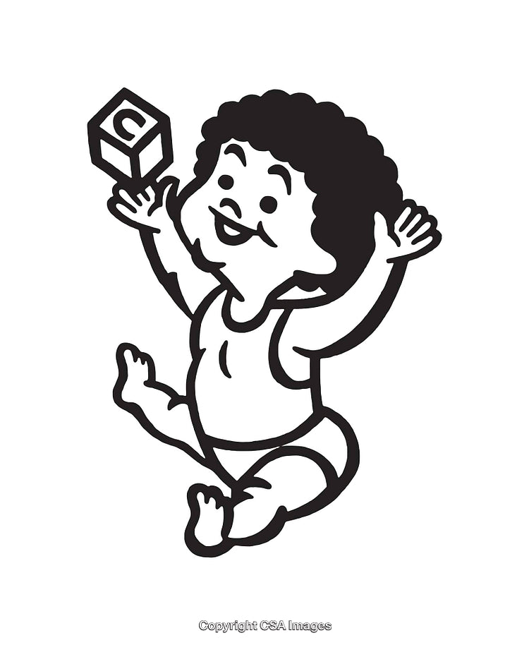 Black and White Illustration of a Joyful Baby Playing With Toy Block
