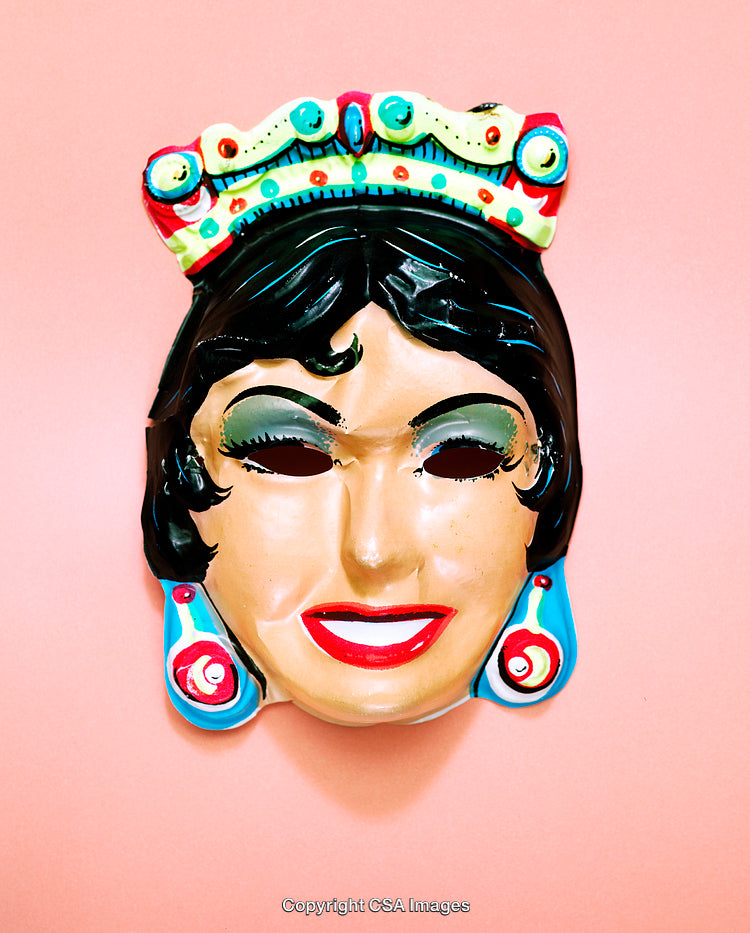Colorful Vintage Plastic Mask on Bright Pastel Background
