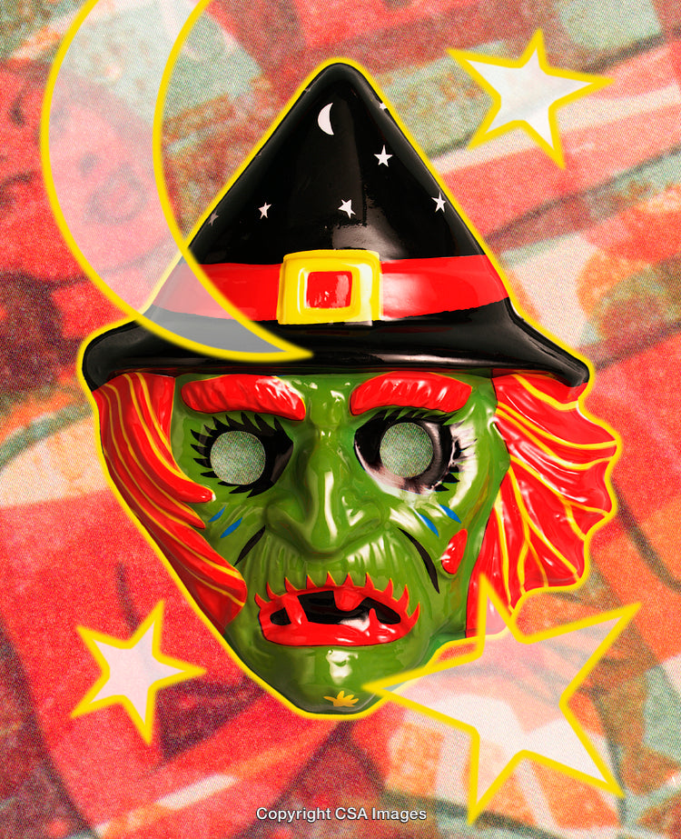 Vibrant Witch Mask with Whimsical Details and Stars