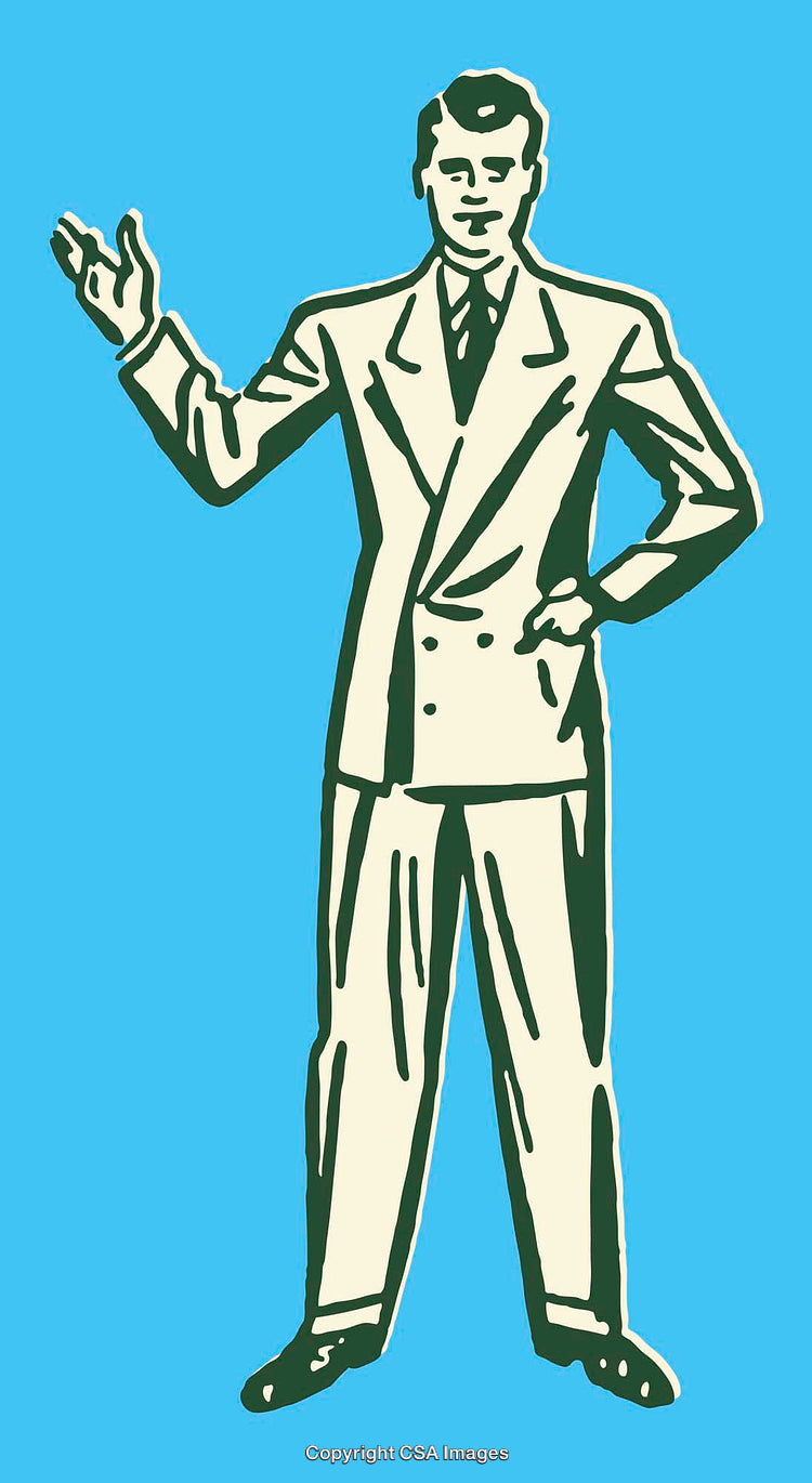 Illustration of a Businessman Gesturing in Vintage Style on Blue Background