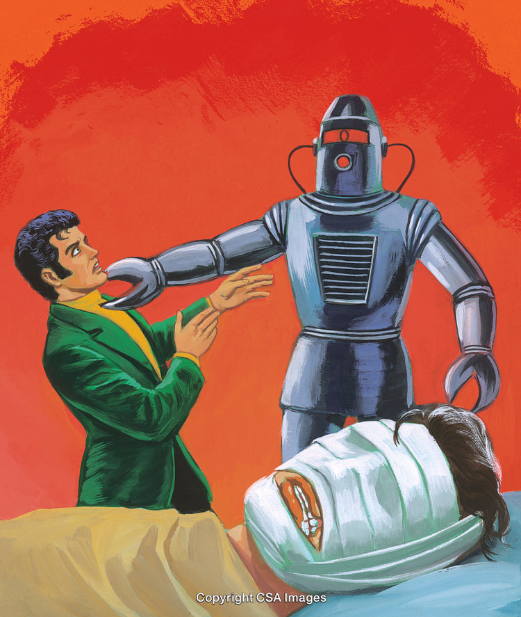 Retro Sci-Fi Scene with a Robot and Mysterious Figures
