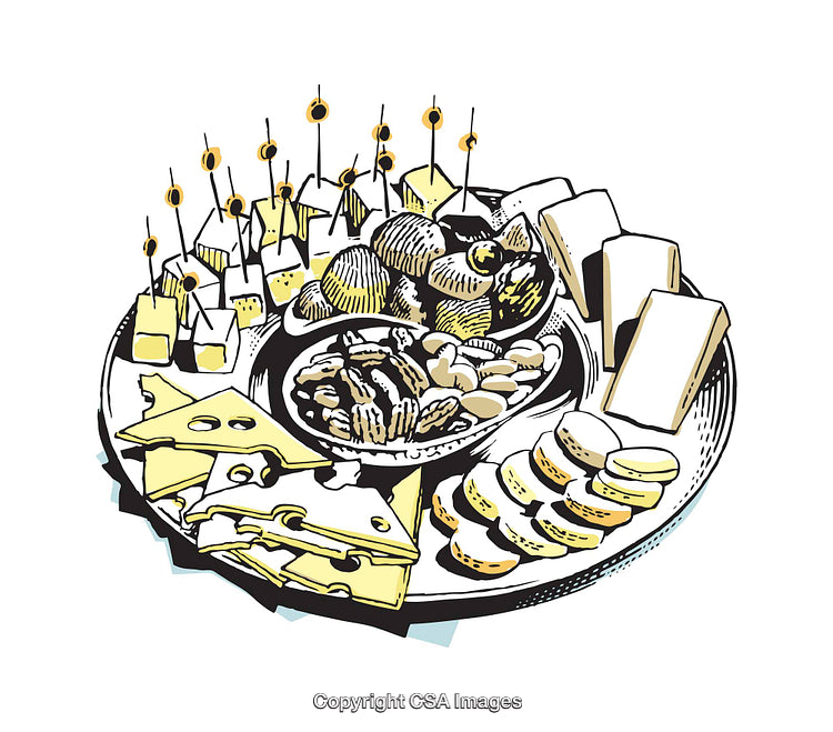 Delicious Cheese Platter with Nuts and Appetizers in Color Illustration