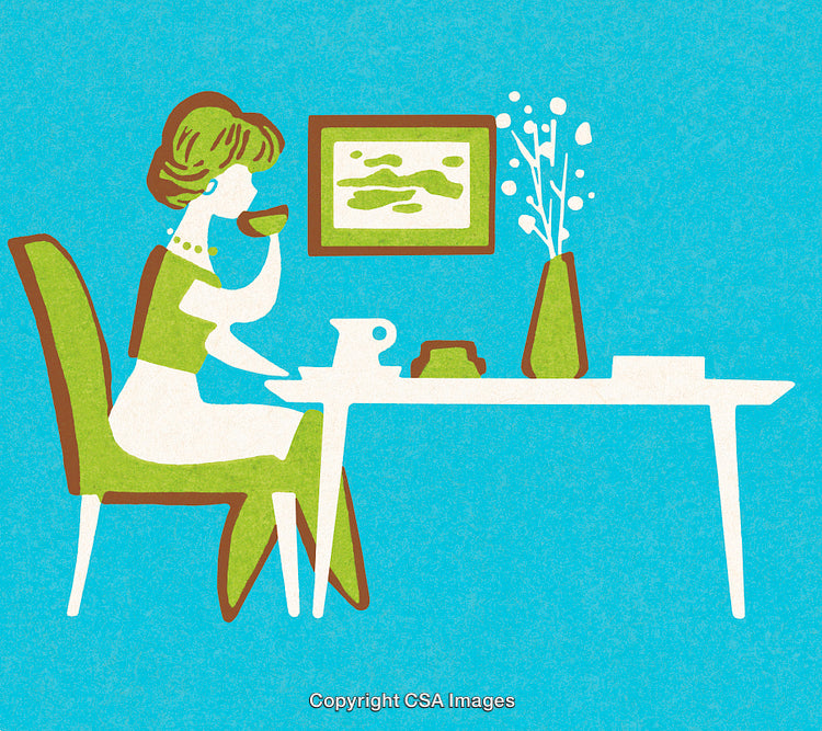 Vintage Illustration of Woman Enjoying Tea in a Cozy Setting