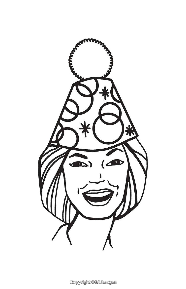 Black and White Line Art of a Smiling Woman in a Party Hat