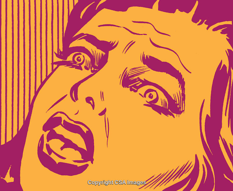 Dramatic Pop Art Illustration of a Woman Expressing Surprise and Fear in Bold Colors