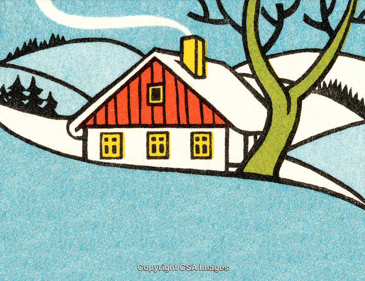 Winter Cabin Illustration with Snow-Covered Landscapes and Smoky Chimney