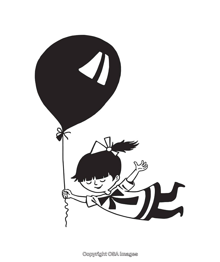 Whimsical Line Art of a Girl Floating with a Balloon